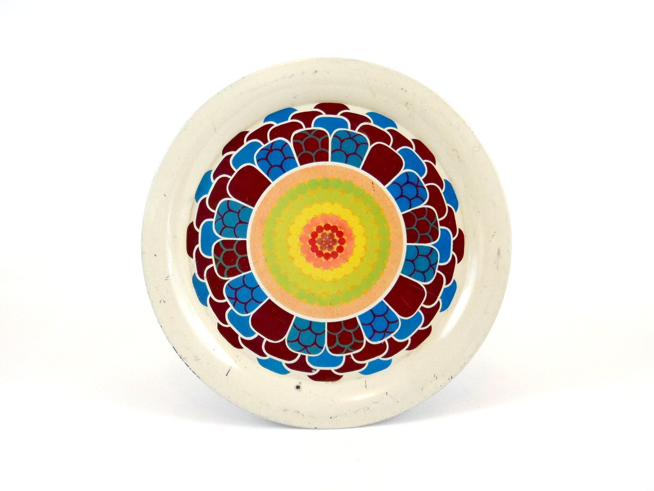 Metal Tray Vintage Tray 1970s Colorful  Serving Tray Round Tray