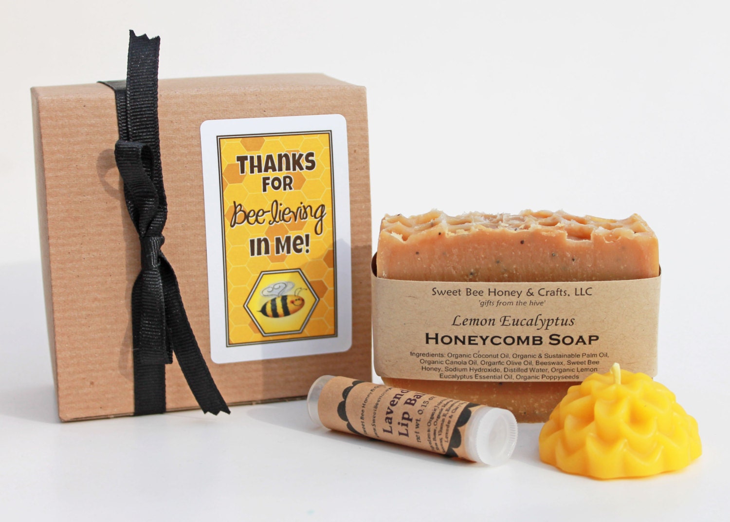 Thanks for Bee-lieving in Me - Teacher Gift Set, small with choice of soap, lipbalm and a beeswax flower candle