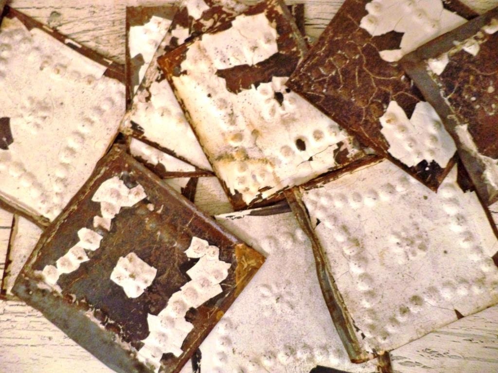 11 Antique Tin Ceiling Tiles - Rustic White - Salvaged Pressed Tin