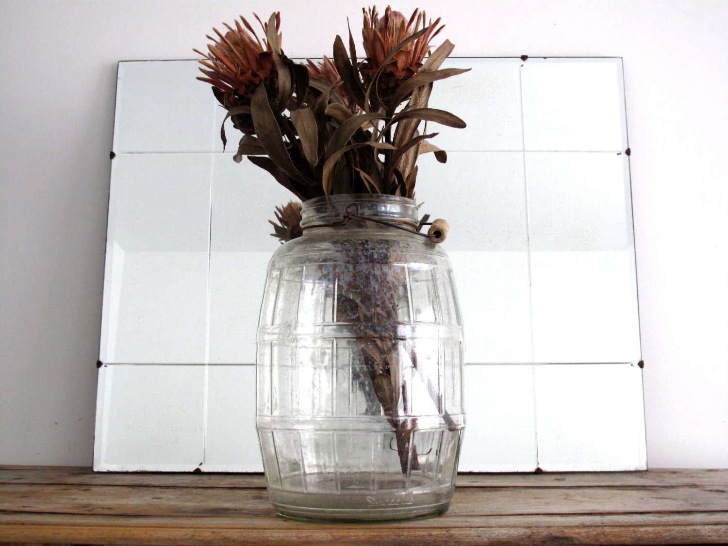 Vintage Glass Pickle Jar - Large Clear Glass Container with Wood Handle - Antique Glass Jar