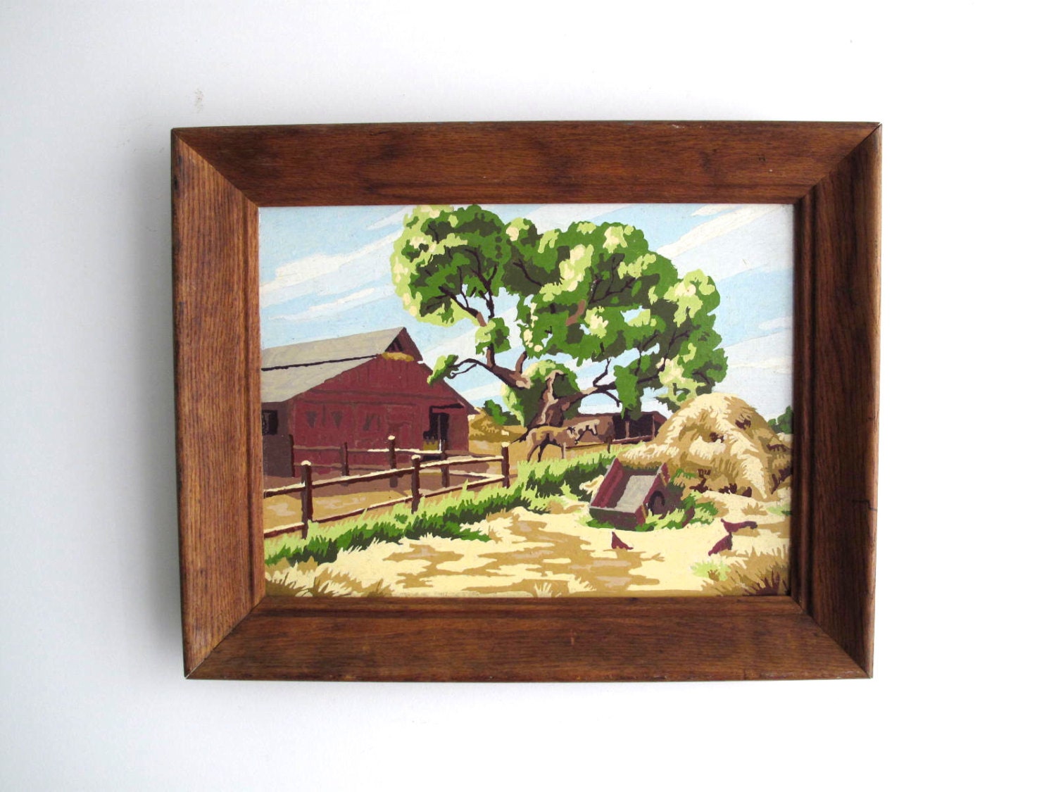 Vintage Landscape Painting - Paint By Number - Retro 70's Painting with Wood Frame - Rustic Vintage Decor