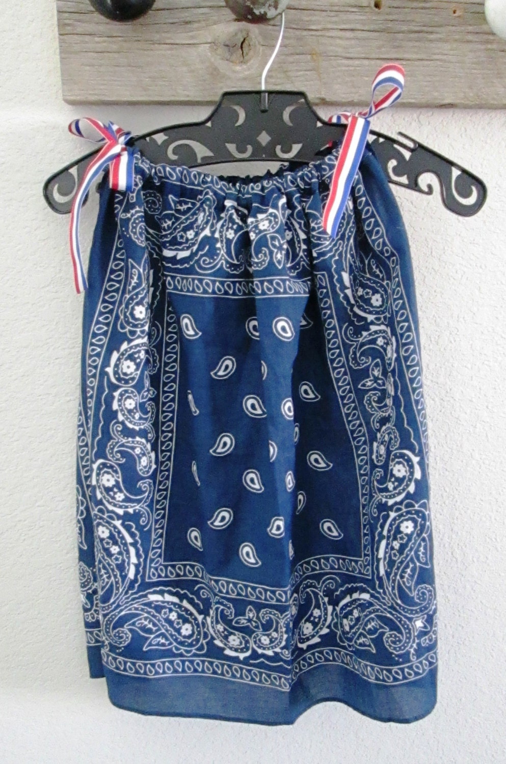 red, white and blue bandana pillow case dress with ribbon straps for toddlers up...can be adjusted to fit babies.