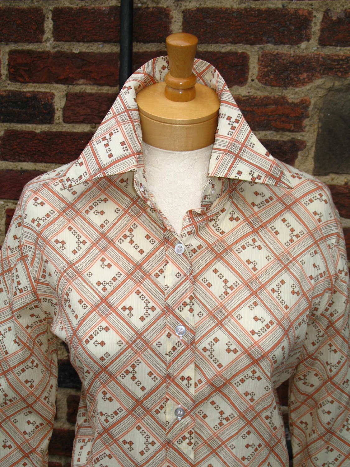 Vintage 70s Retro / Wide Collar / Orange and Brown / Plaid / Cotton Button Down Shirt / Marshall Fields Company / Hong Kong