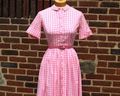 Vintage 50s Dress / 50s Cotton Day Dress / Pink Dress / 1950s Dress / Shirt Dress / Full Skirt / by Joyce Lane