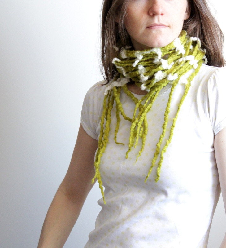 Felted lacy lattice scarf fish net scarf white olive green merino wool felt wrap