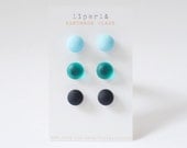 Earring studs trio Turquoise Black Teal glass
