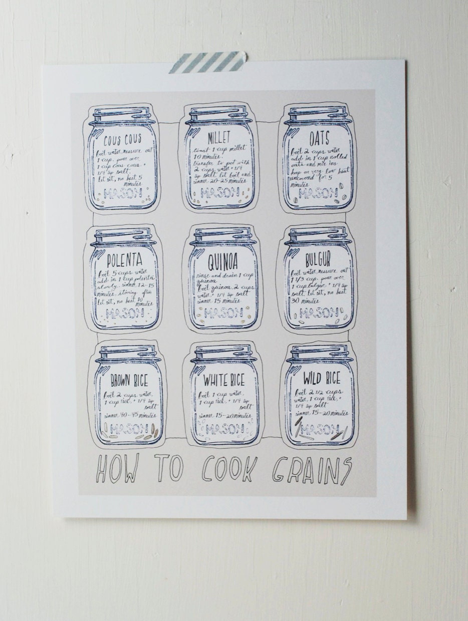 how to cook grains poster- 11"x14" kitchen poster art - vegan vegetarian cooking kitchen decor