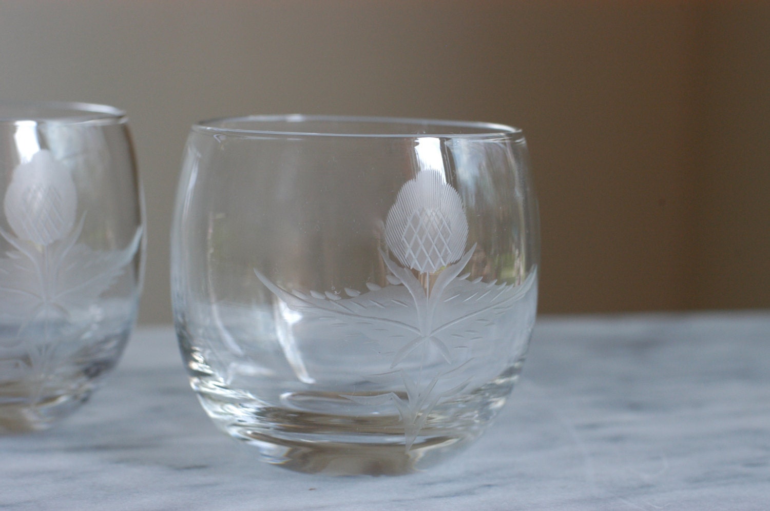 Vintage Etched Rocks Glasses with Thistle Pattern, Set of 2