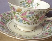 vintage English tea cup and saucer set, Royal Crown Derby china tea set, antique tea cup, bird tea cup