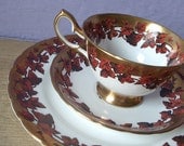 Antique tea cup and saucer plate set, vintage 1940's Royal Chelsea bone china red leaves gold tea cup set, English tea cup trio