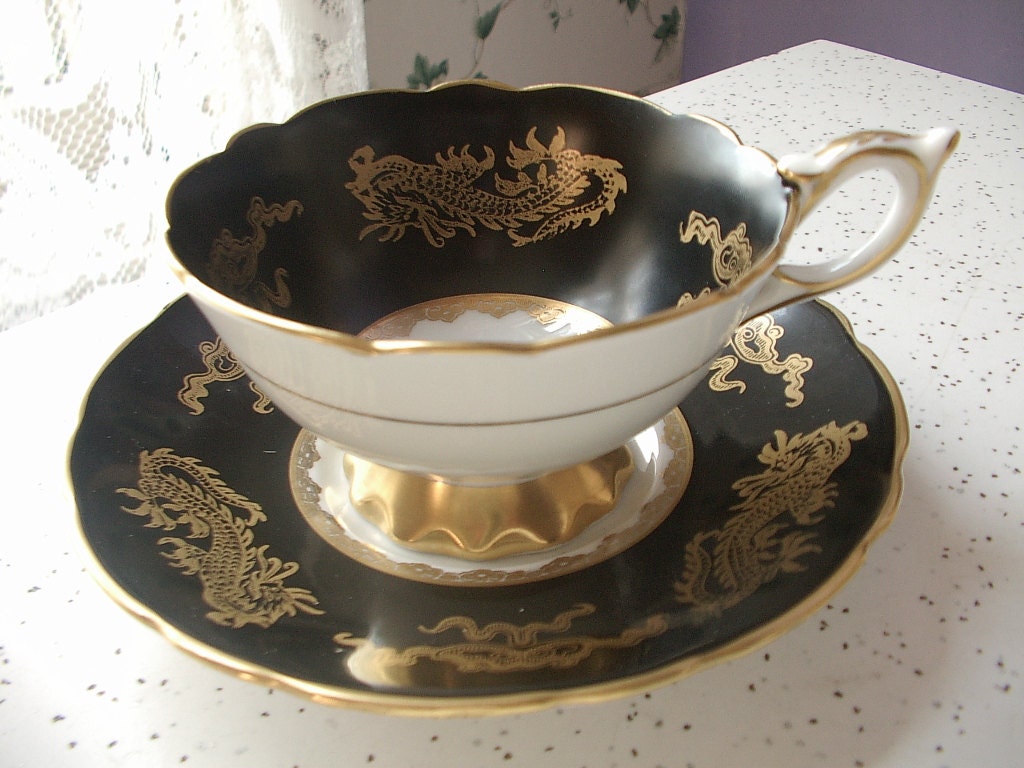 Antique gold dragons tea cup, Vintage 1950's Royal Stafford English tea set, black and gold bone china tea cup, black tea cup