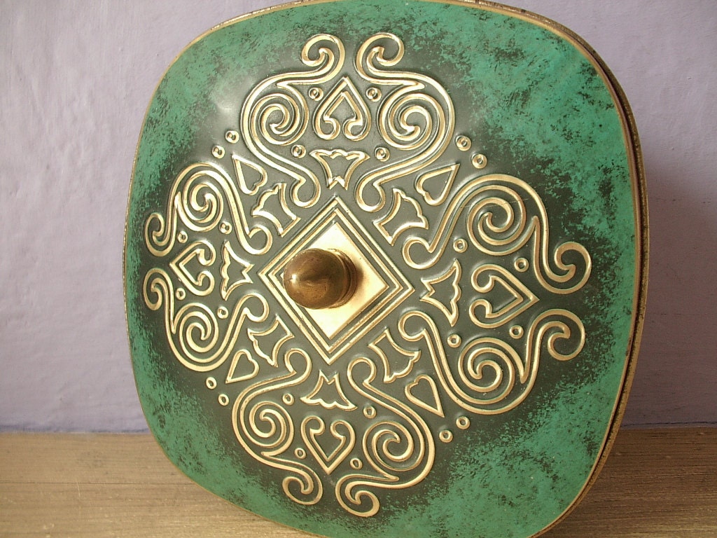 Vintage green and gold tin, West Germany, square tin, candy cookie gift tin, Pittsburgh