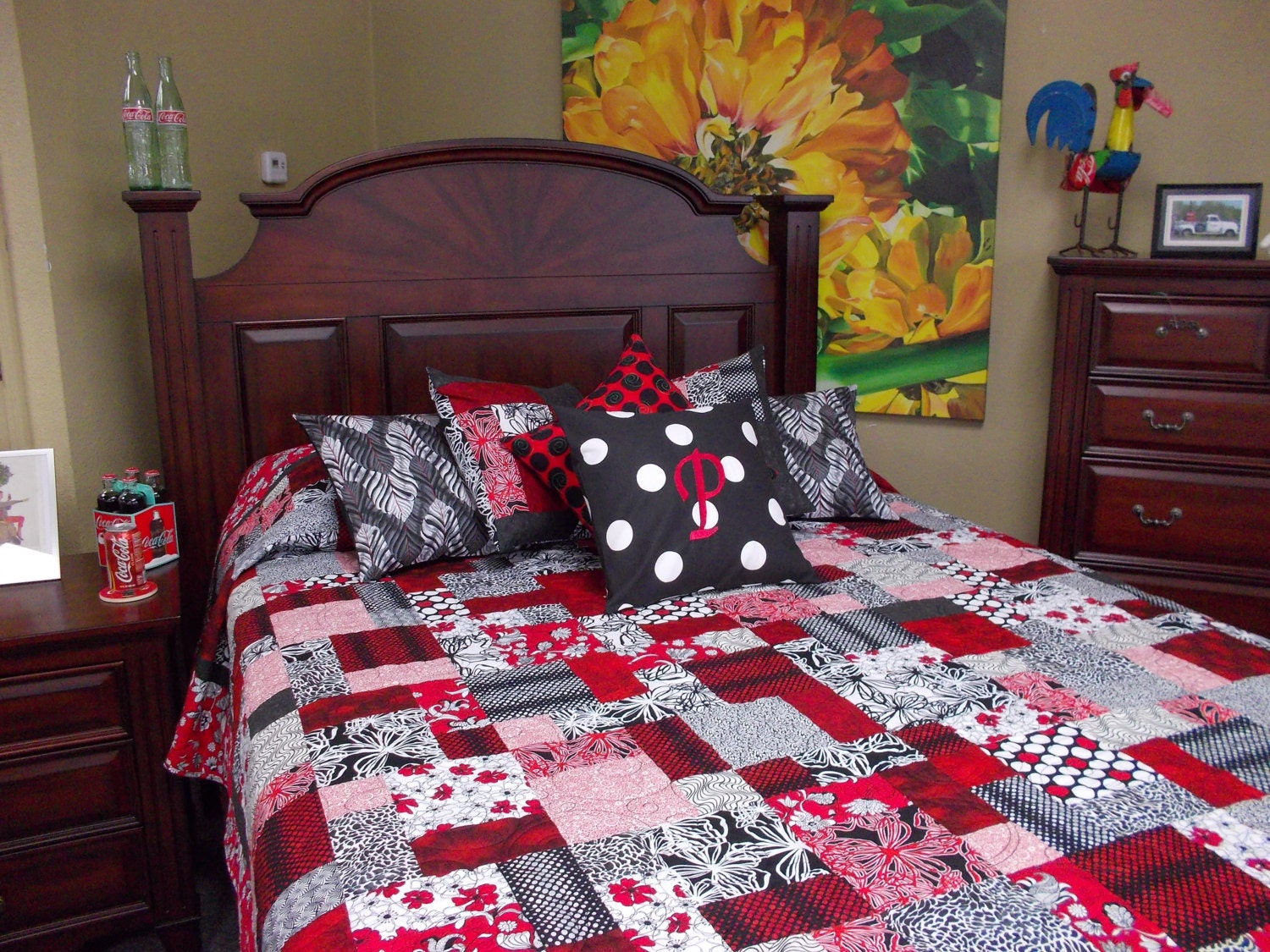 Classic Red White Black F/Q quilt, Monogram Pillow Cover