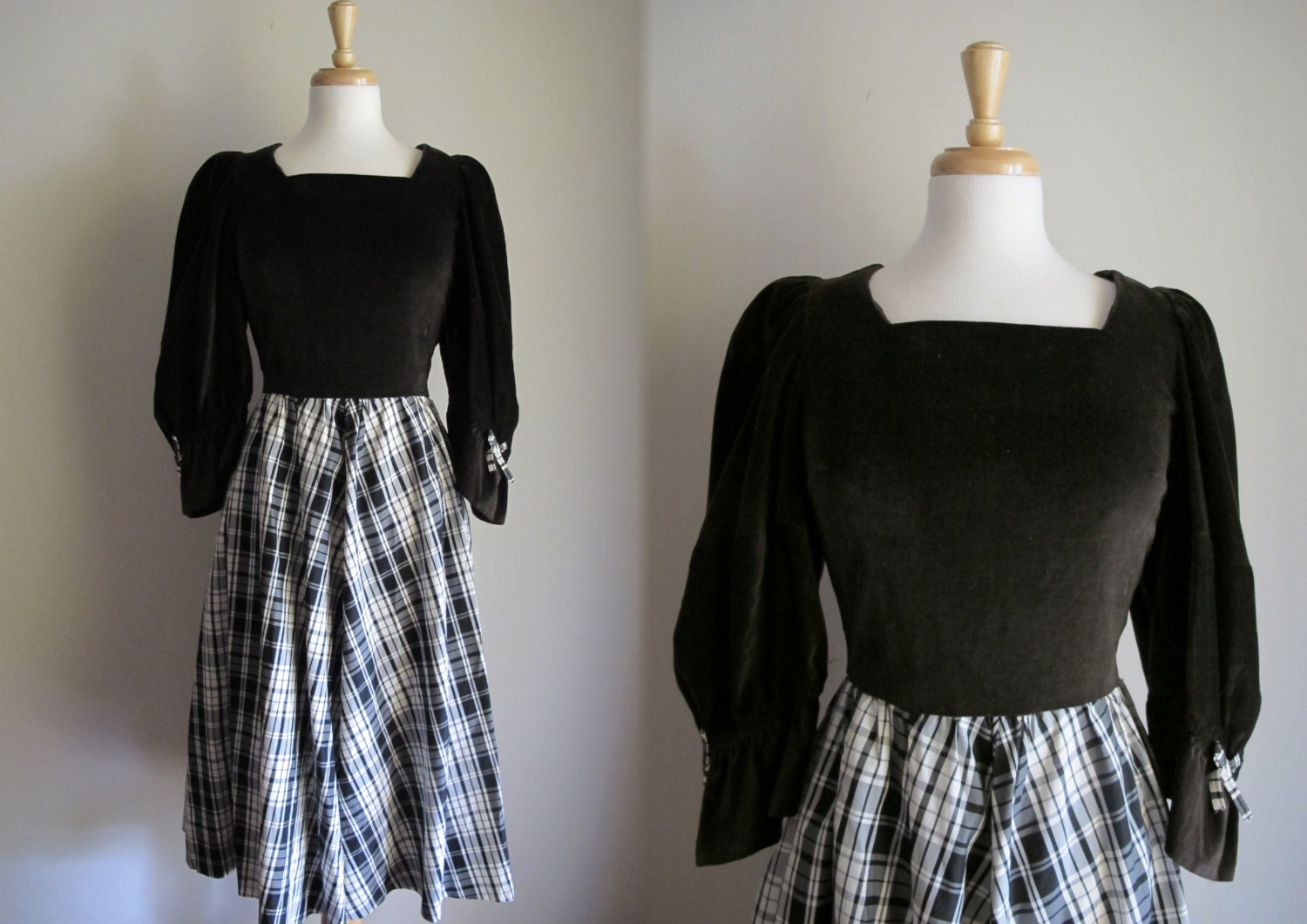 1960s Party Dress / 60s Plaid and Velvet Dress