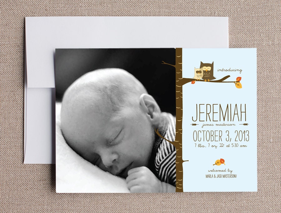 Owl Photo Birth Announcements in Blue