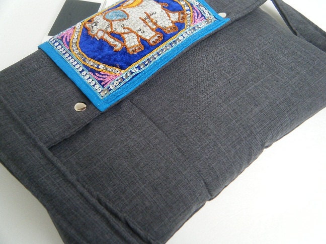13inch macbook with shoulder strap-Hand made sewn Elephant-Lined with blue