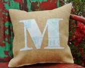 Monogram Letter "M" Initial Burlap Pillow- Vintage Feedsack -Appliqued- Wedding- Anniversary- Insert Included-ready to ship