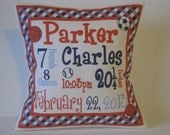 Personalized Birth Announcement Pillow Plaid border