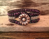 Leather Wrap Cuff Bracelet with Silver and Purple Jade Bead