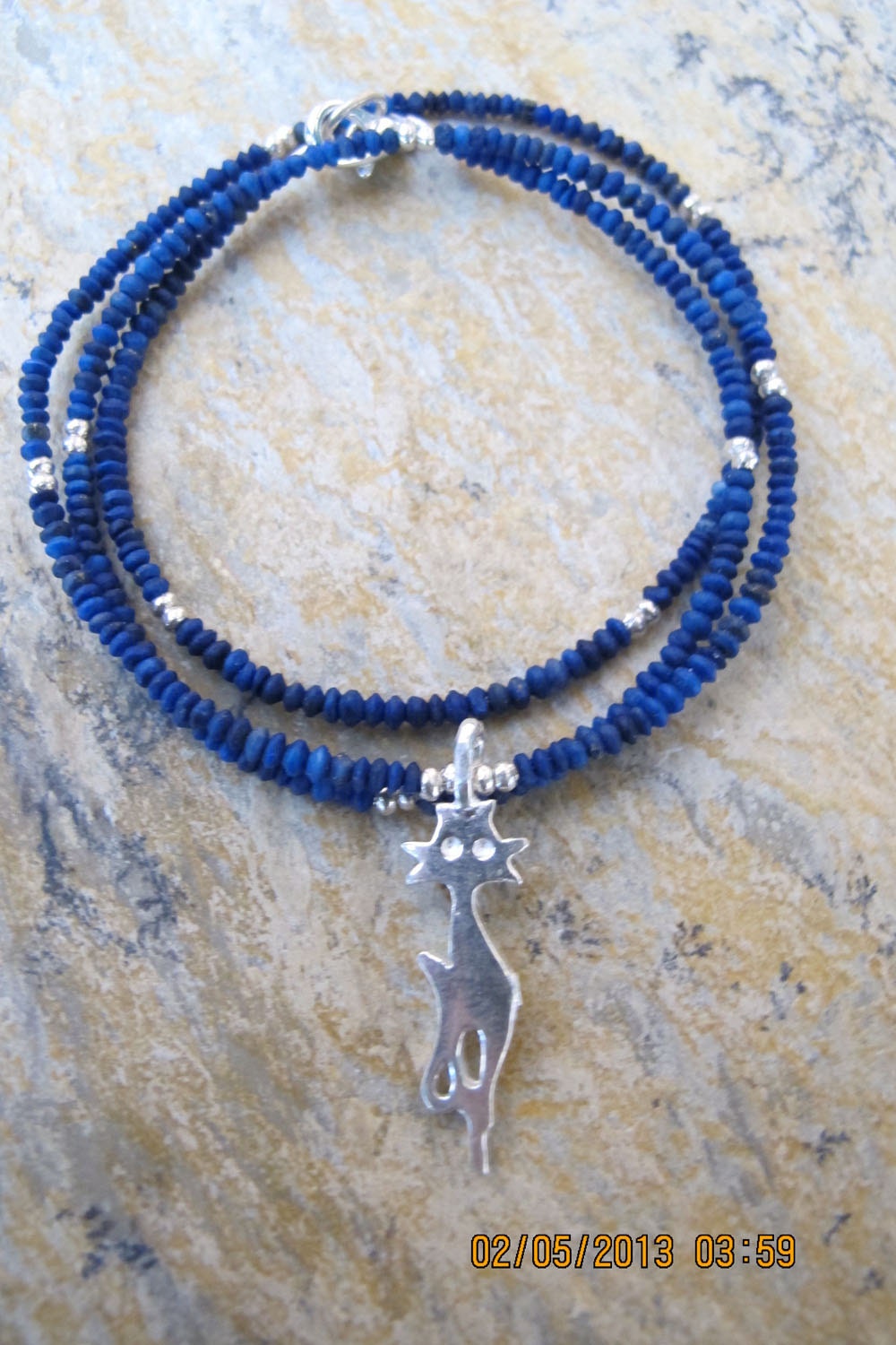 Sterling Silver cat Pendant with Lapis Lazuli beads