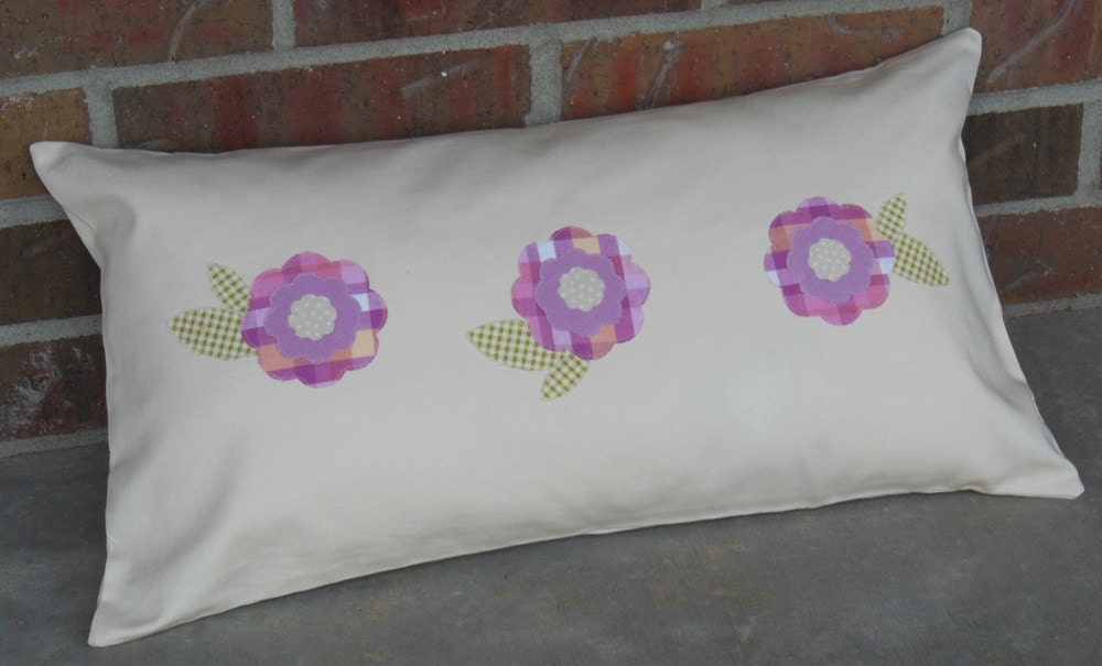 Decorative Throw Pillows Flowers Floral Appliques Pretty Purple Lavender 12" x 22"