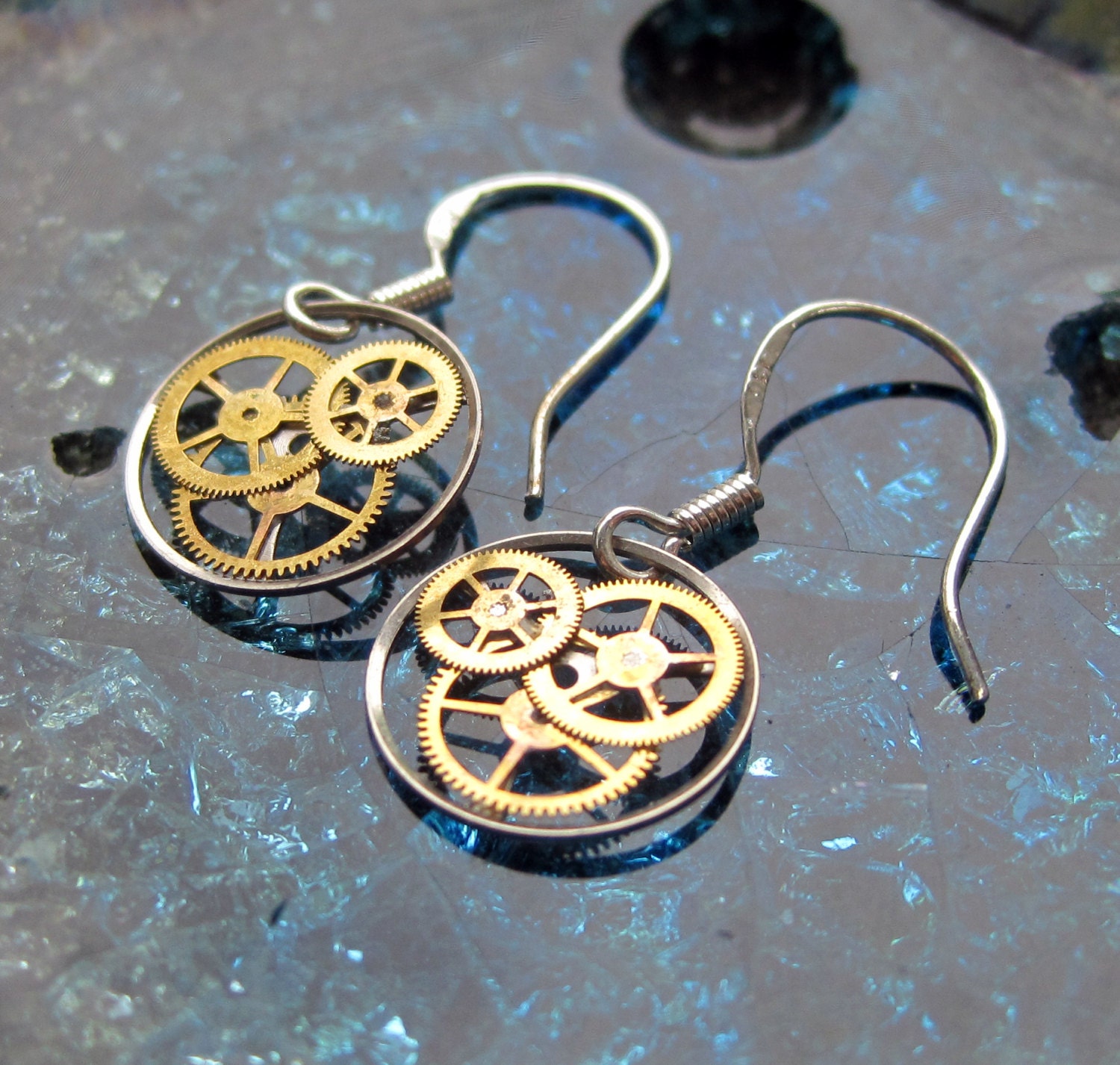 Earrings Gearrings "Gearrings Chi" Elegant Recycled Mechanical Watch Gear Dangle Sterling Silver French Wire Hook Steampunk Earrings