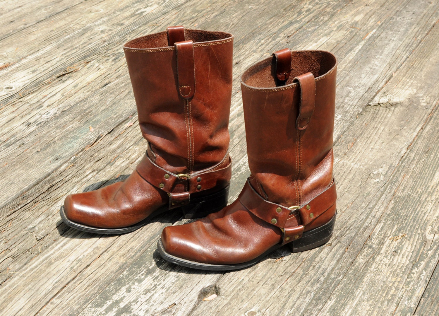 vintage 60s brown leather motorcycle boots harness engineer distressed mens 10 10D
