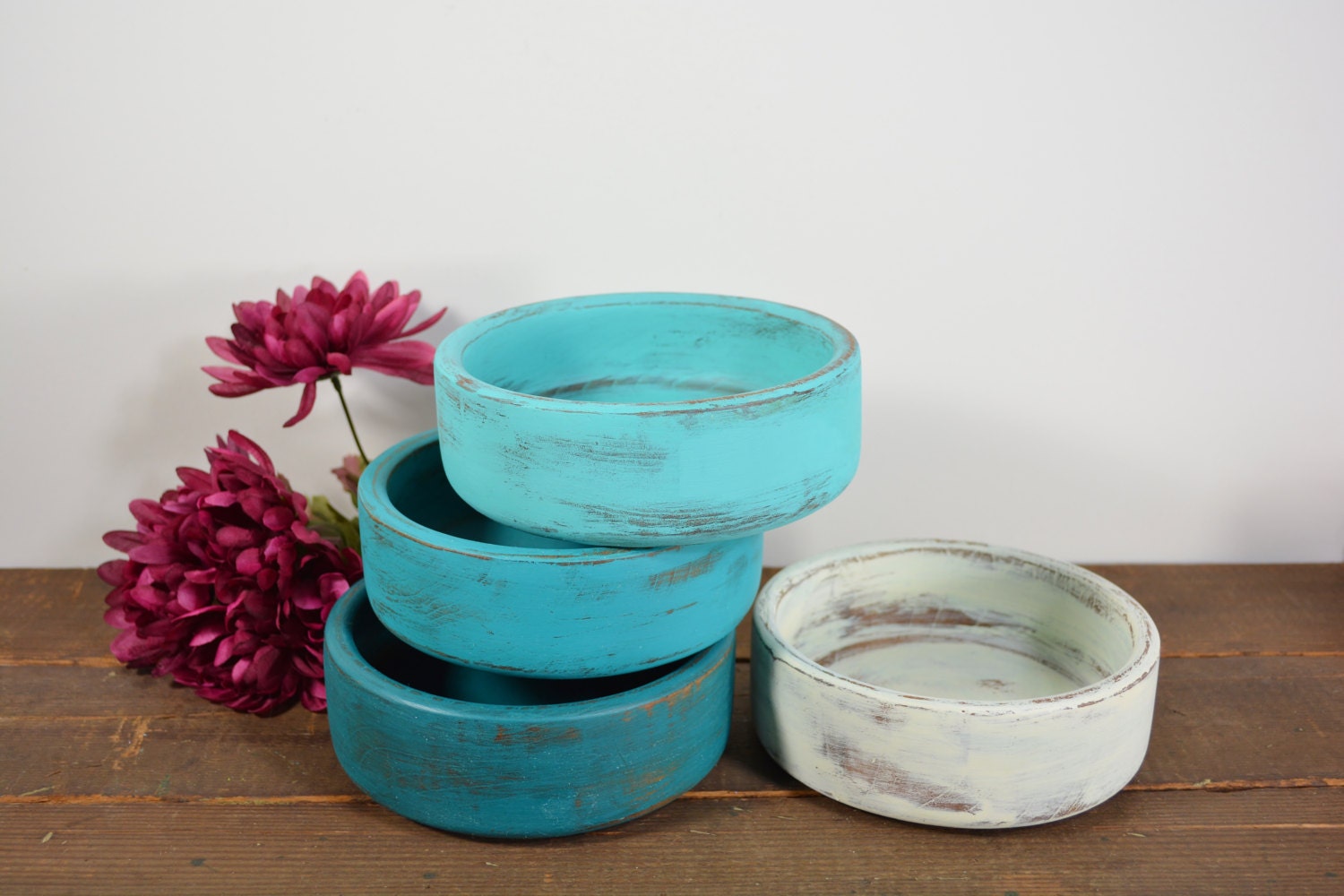 Decorative wood bowls / distressed / shades of turquoise and white / set of 4 bowls / upcycled / shabby chic