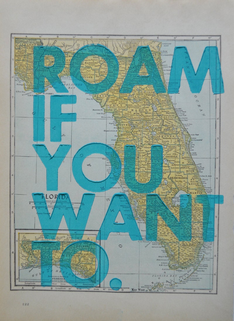 Florida / Roam if You Want To / Letterpress Print on Antique Atlas Page