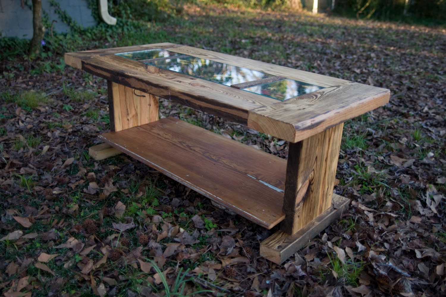 Reclaimed pine and pressed leaf light-up coffee table