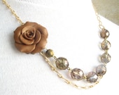 Antique gold  flower rose asymmetrical necklace OOAK- Vintage style-crystal hand made flower- bridesmaids - wedding