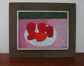 Modernist Oil Painting by Artist Ruth Fluno Abstract Still Life with Five Red Apples Mid Century Original Art Work