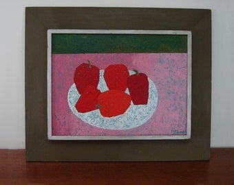 Modernist Oil Painting by Artist Ruth Fluno Abstract Still Life with Five Red Apples Mid Century Original Art Work