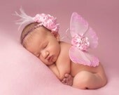 Baby Pink Sequin Vintage Butterfly Wings and Headband Set accented with ostrich feathers Beautiful Photo Prop First Photos