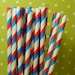 Red and Blue Stripes Paper Straws w/ Flags