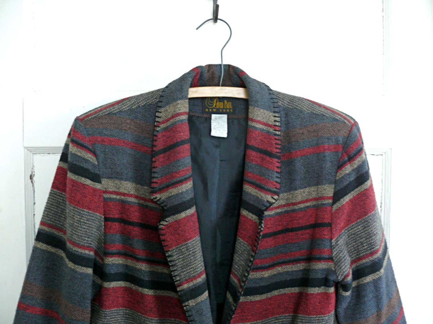 Vintage 80s Southwestern Jacket, Womens Tan and Gray Blazer, Striped Wool Jacket