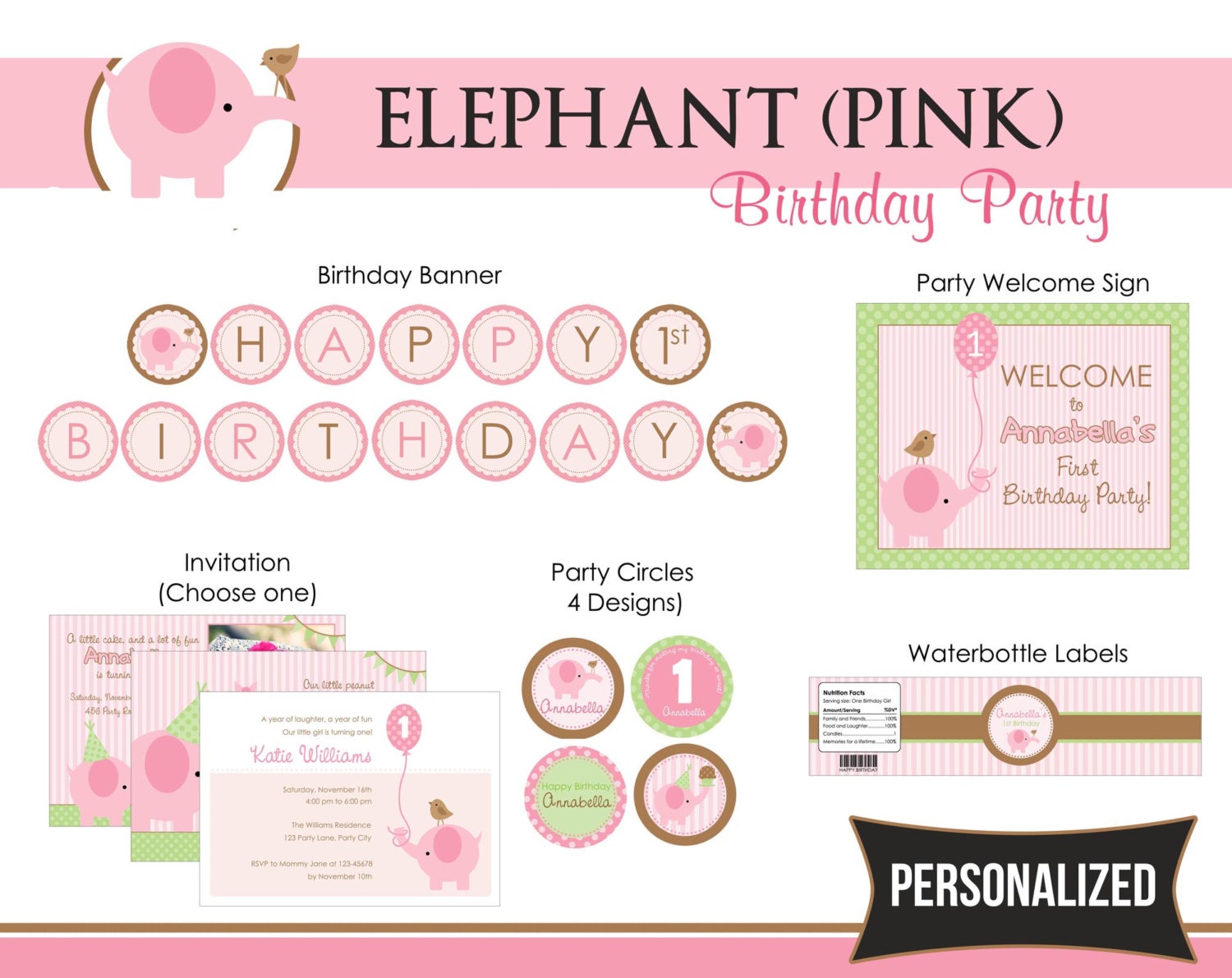 Elephant (Pink) 1st Birthday Party Package PRINTABLE DIY for Girls PERSONALIZED - Invitation, Party Circle, Banner, etc