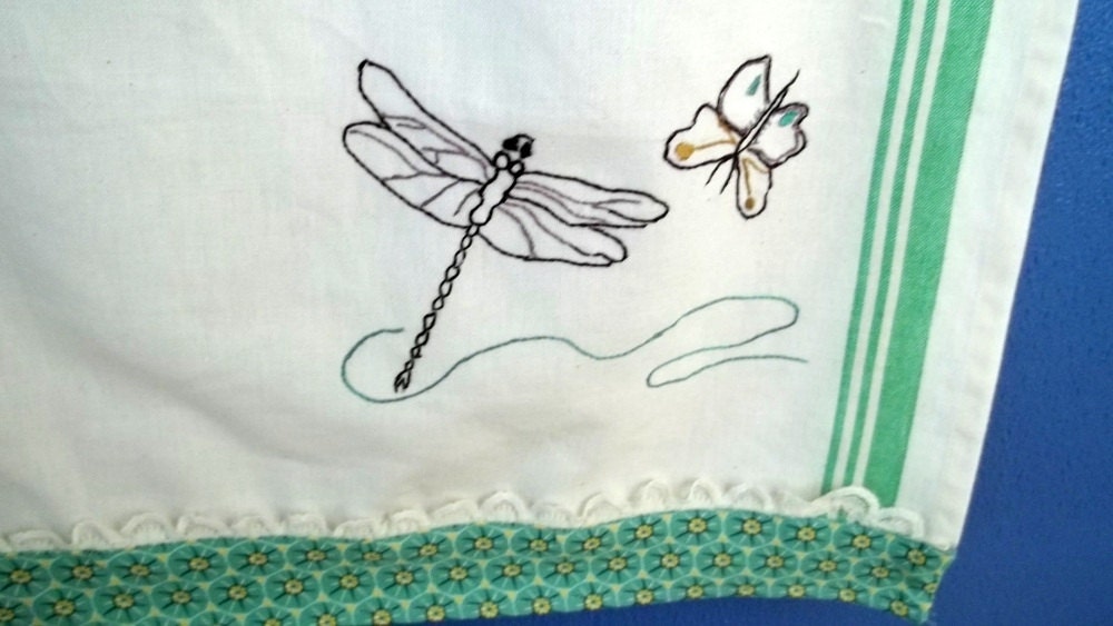 New Hand Embroidered Dragonfly Cotton Kitchen Towel with fancy Border