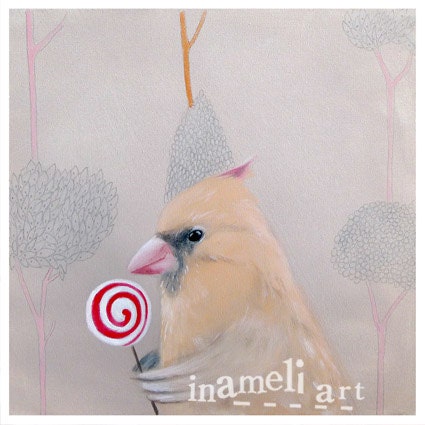whimisical art print, bird acrylic painting, gift for a new mom, animals, 10 x 10, bird, kids wall art, childrens room decor