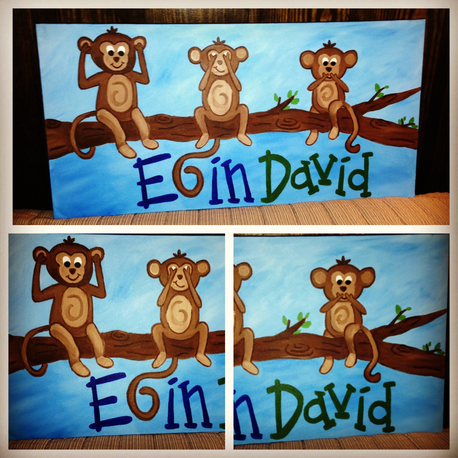 3 Monkeys baby name painting, 12"x24" canvas