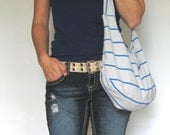 Beach Bag. Eco Fashion. Fabric Purse Upcycled Clothing. Hobo Bag Over Shoulder Purse. Light Gray with Blue Nautical Stripes. Ready to Ship.