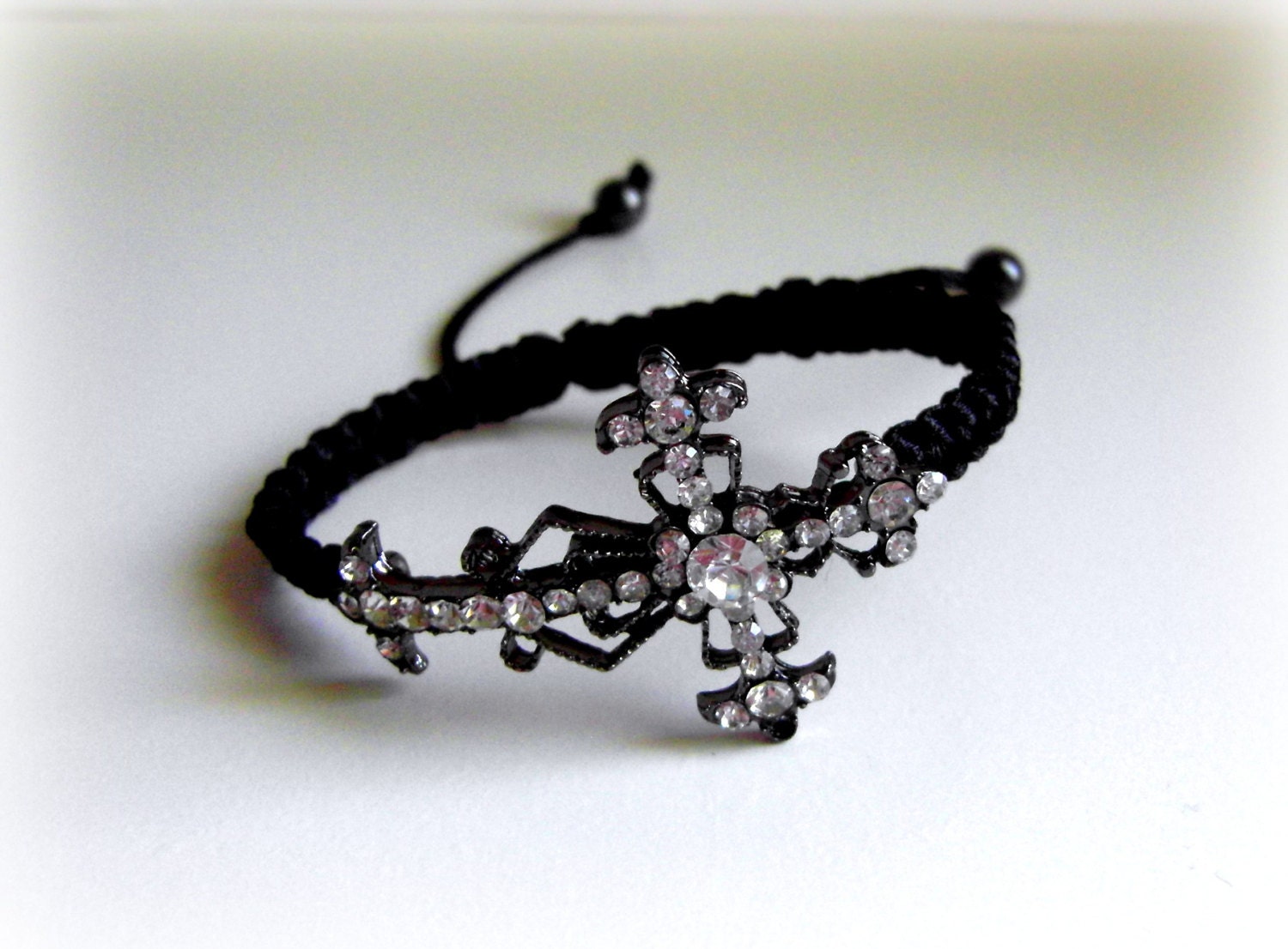 Gunmetal Dazzling Rhinestone Cross Macrame Adjustable Bracelet Pave Bracelet Braided Bracelet