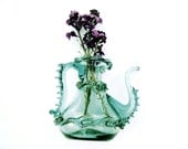 Vintage Small, Mouth Blown Venetian Glass Pitcher with Applied Rigaree Detail Italian Mid Century Decanter Aqua Colored Art Glass Vase