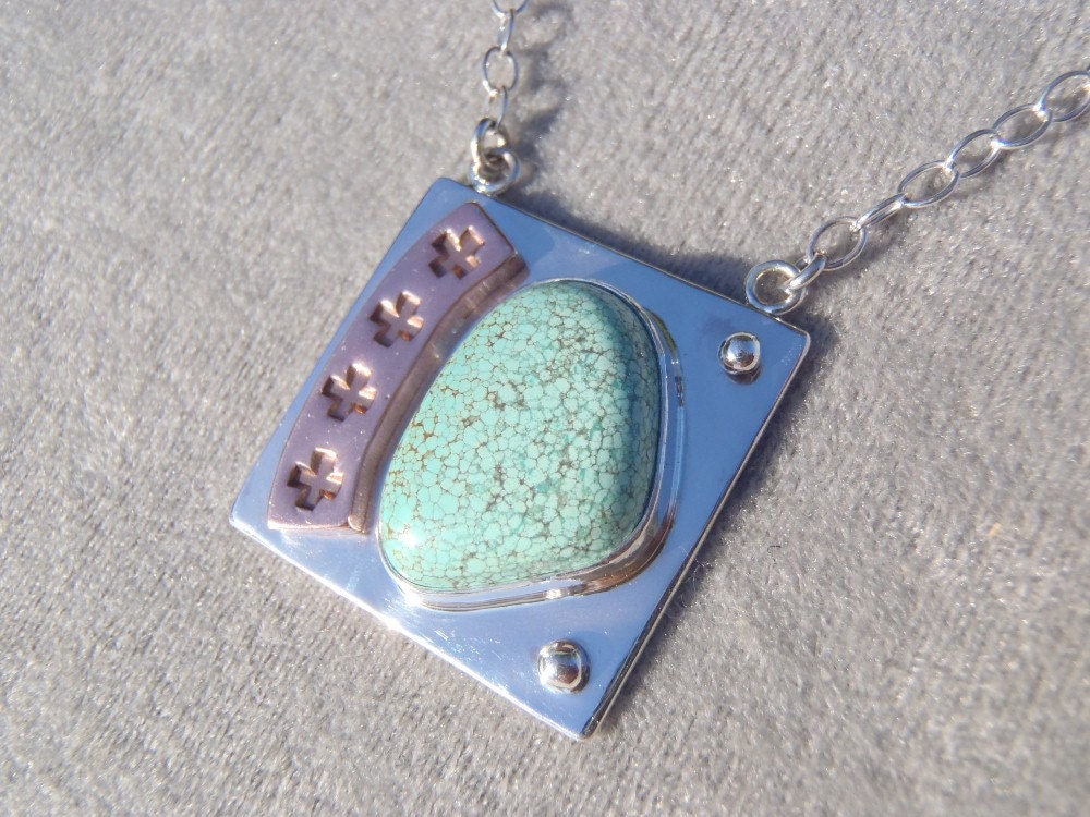 Turquoise, Sterling Silver and Copper Necklace New Handcrafted Stamped Mixed Metals Pendant with Chain Pale Blue Green Stone Fine Spiderweb