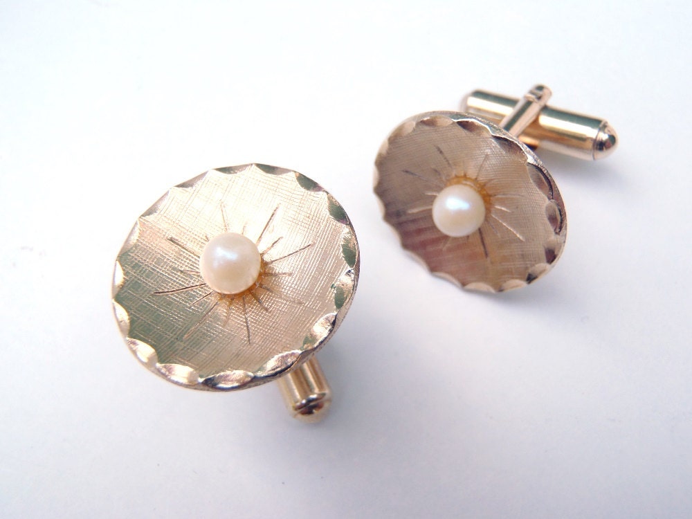 Vintage Gold Tone Faux Pearl Cuff Links Circles Stamped Hinged Back Cufflinks Formal Wedding Groom Suave & Sophisticated Mens Accessory
