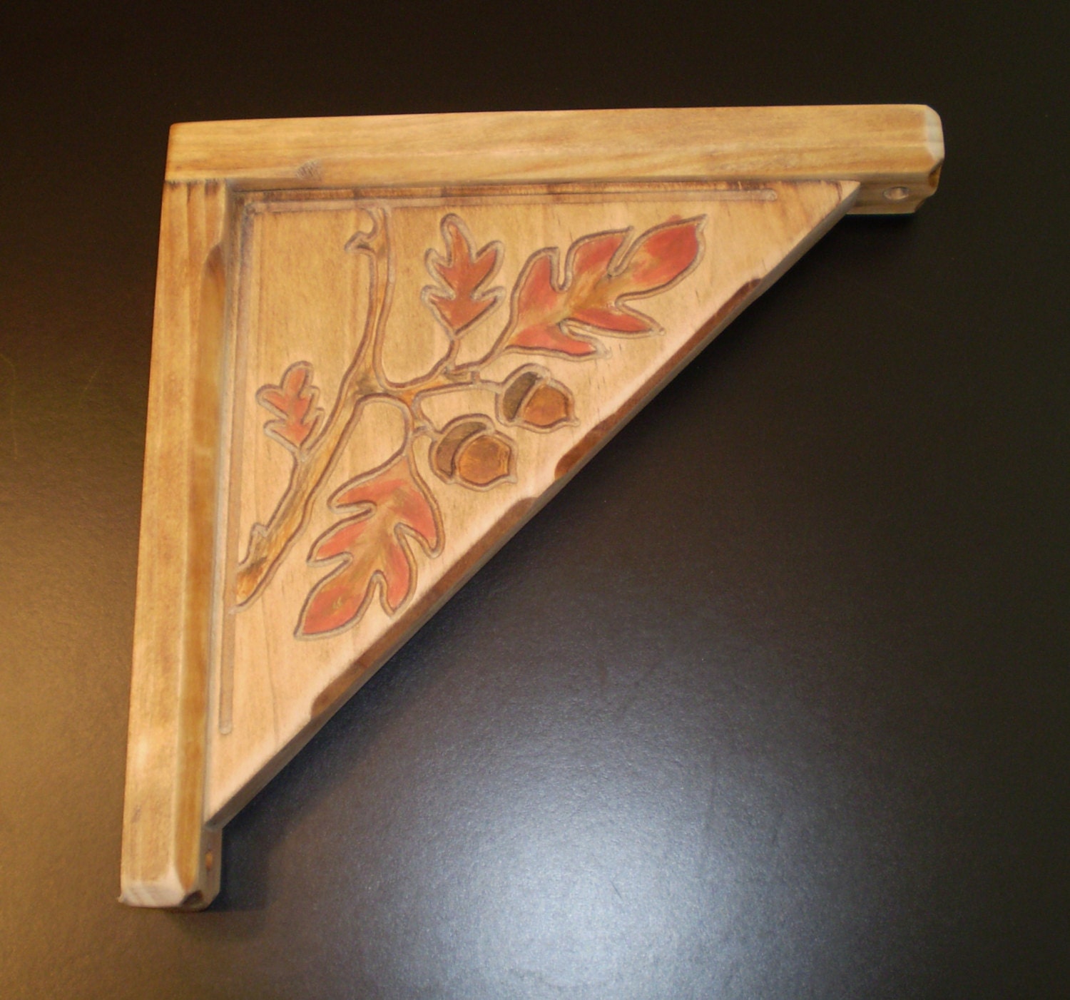 Decorative Corbel, Wood Engraved Corner, Golden Oak - Acorns and Fall Leaves -  Book Shelf Bracket - FREE SHIPPING
