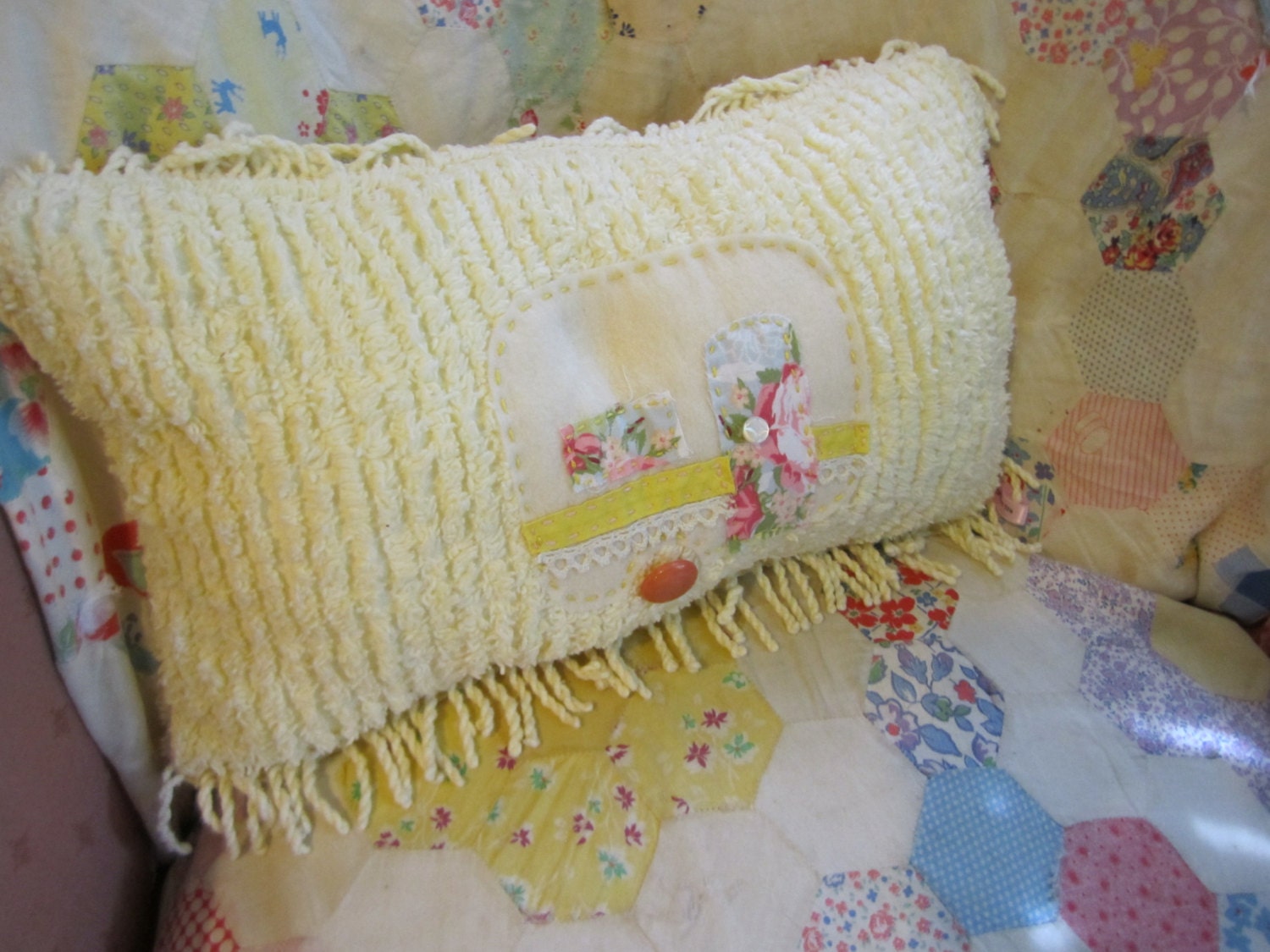 Vintage Chenille Pillow, Handmade Chenille Pillow, Novelty Pillow, Camping, Glamping, Vintage Trailer