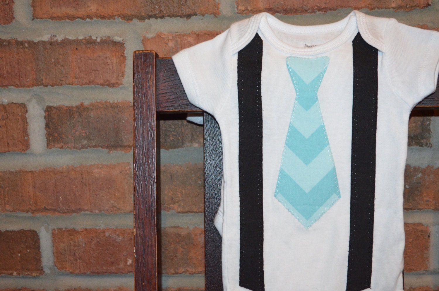 Baby Boy Tie Onesie with Suspender  2 Toned Blue Chevron Tie Perfect for Photos
