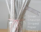 25 Silver Straws, Chevron Striped Paper Straws, Party Straws, Wedding Straws
