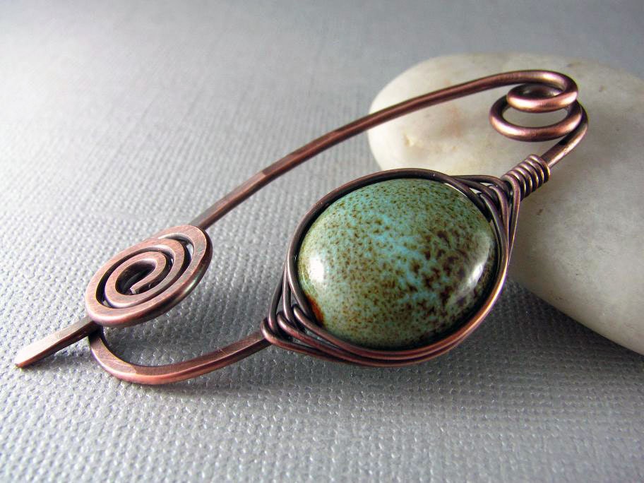 Wire Shawl Pin Copper Wedgwood Scarf Sweater Pin Hand Forged Fibula Wire Wrapped Jewelry Green Brooch